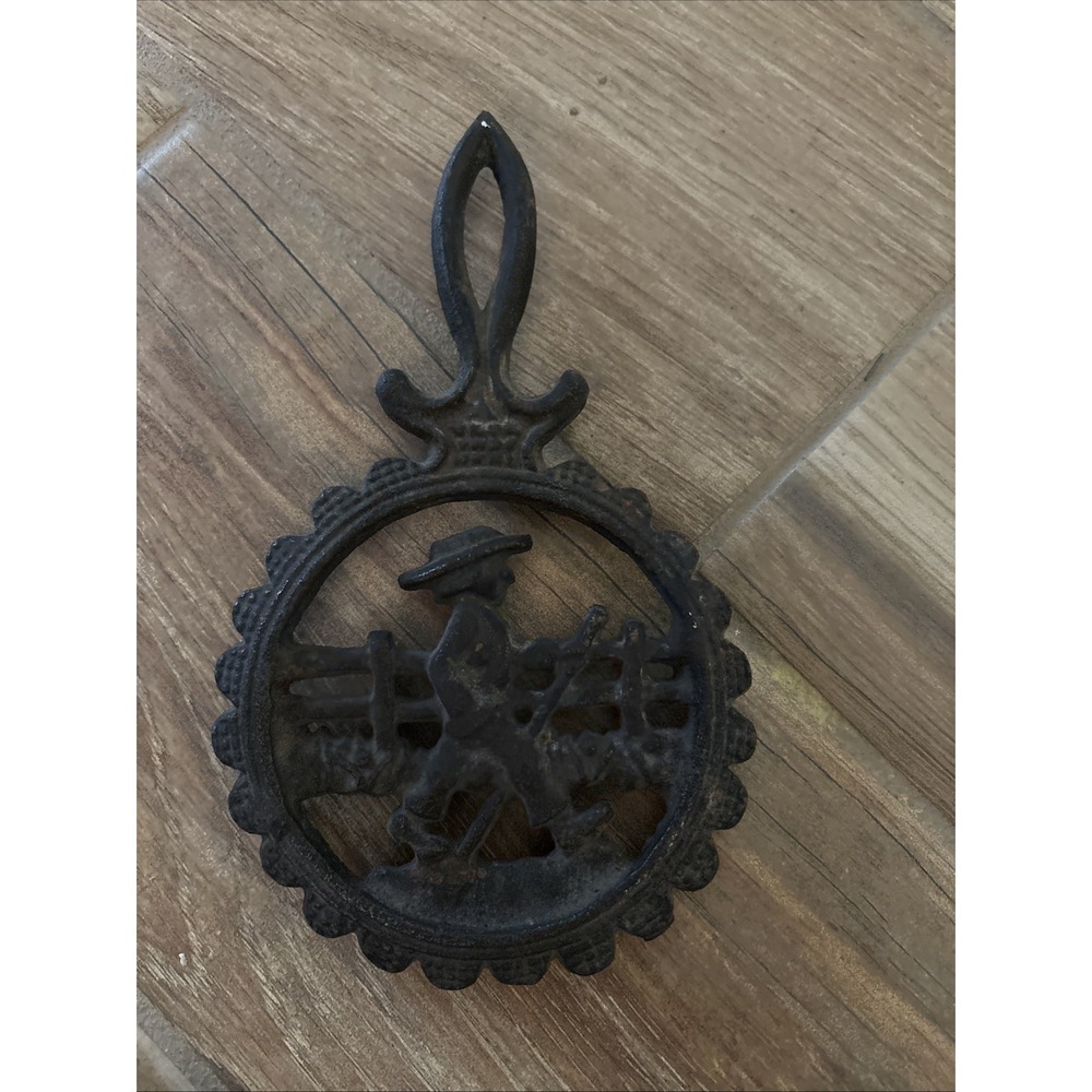 Vintage Black Cast Iron Country Farmer Boy Trivet -‎ 8" x 4.5"